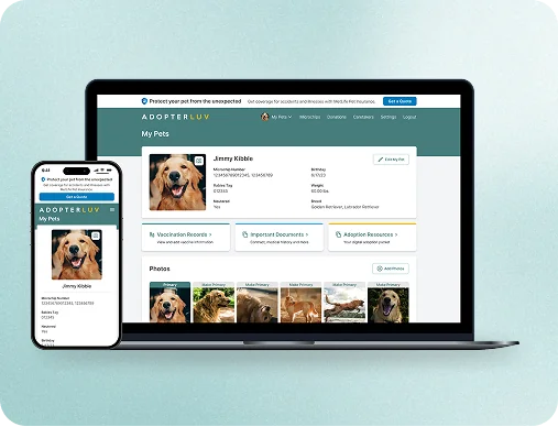 The Adopterluv adopter portal on a laptop and a phone