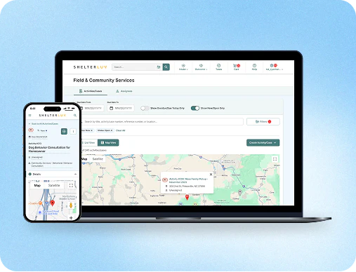 Shelterluv's field services map on a laptop and an activity record on a phone