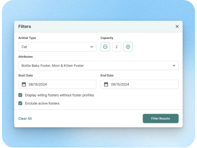 Screenshot of Shelterluv's foster search filters