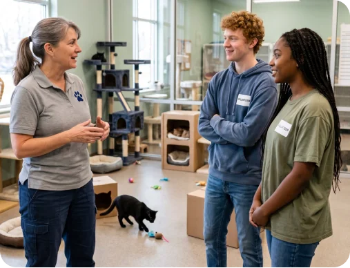 A staff member talking with two volunteers in a cat adoption room
