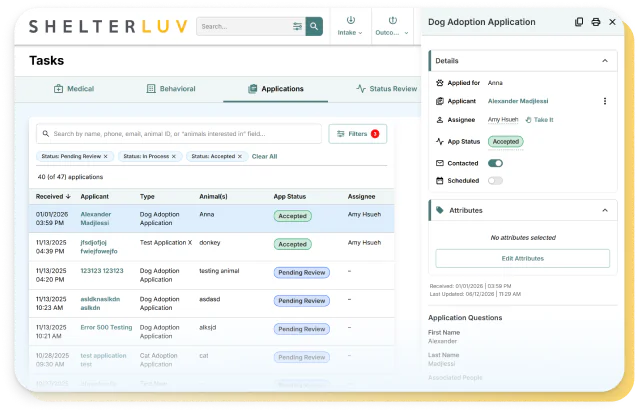 Adoption applications listed on the Shelterluv tasks screen