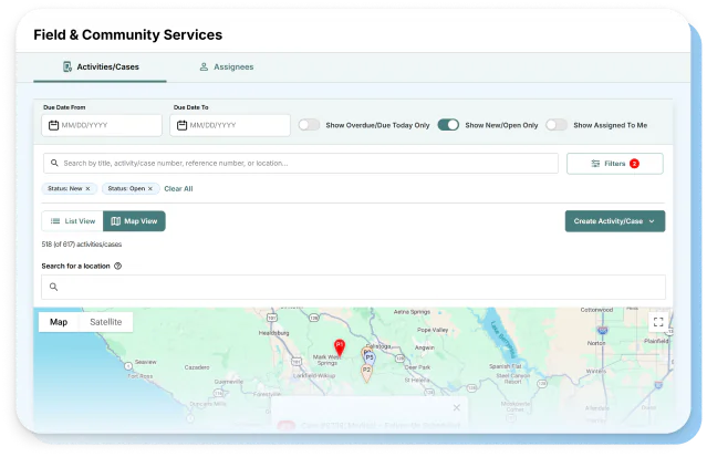 Field services cases plotted on a live map