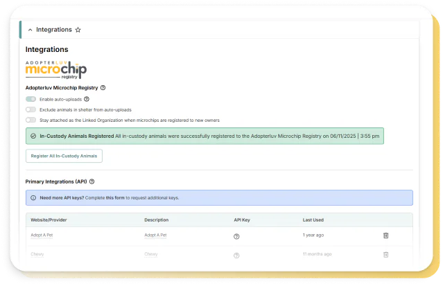 Shelterluv's integrations configuration screen