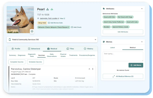 A medical record with vaccines and treatments in Shelterluv