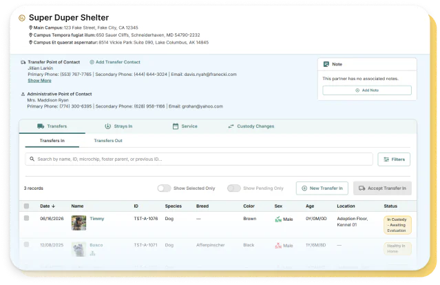 An animal record being transferred between two Shelterluv accounts