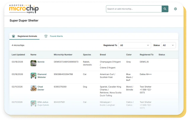 An Adopterluv Microchip Registry lookup returning a chip’s owner details