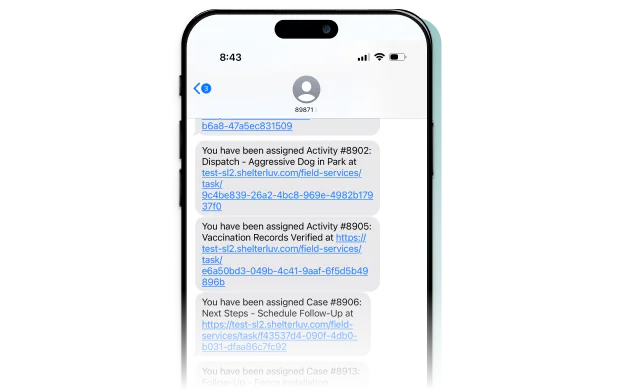 Text messages notifying a user of newly assigned activities and cases