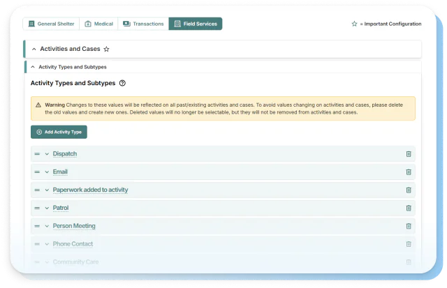 Field services activity types and subtypes in Shelterluv’s configuration screen