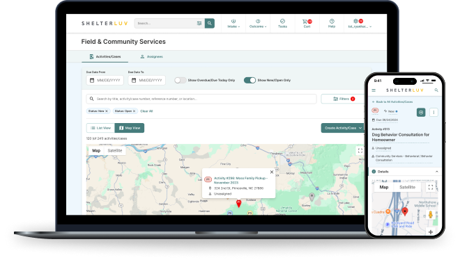 Shelterluv's Field & Community Services map view on a laptop and phone