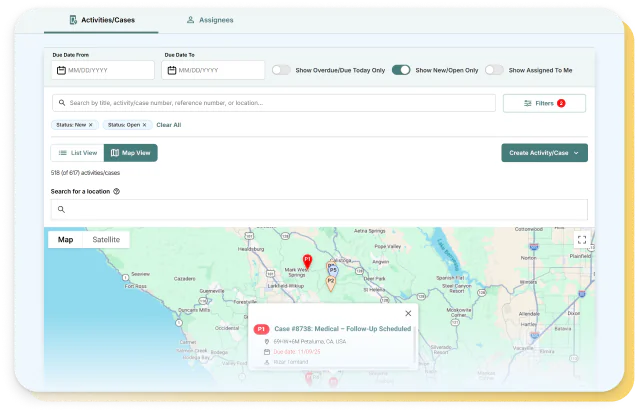 Field services activities and cases plotted on a map