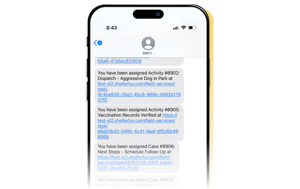 Text messages notifying a user of newly assigned activities and cases