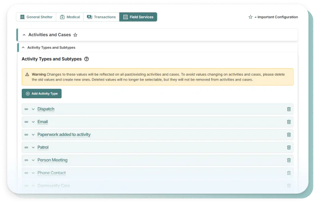 Field services activity types and subtypes in Shelterluv’s configuration screen