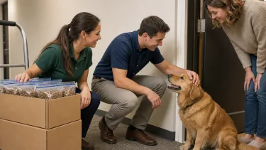 Volunteers handing donated pet supplies to a resident at their door