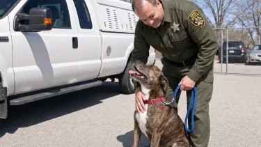 An animal services officer standing with a dog beside a field services truck