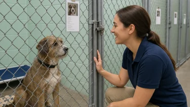 A shelter worker greeting a dog through a kennel gate