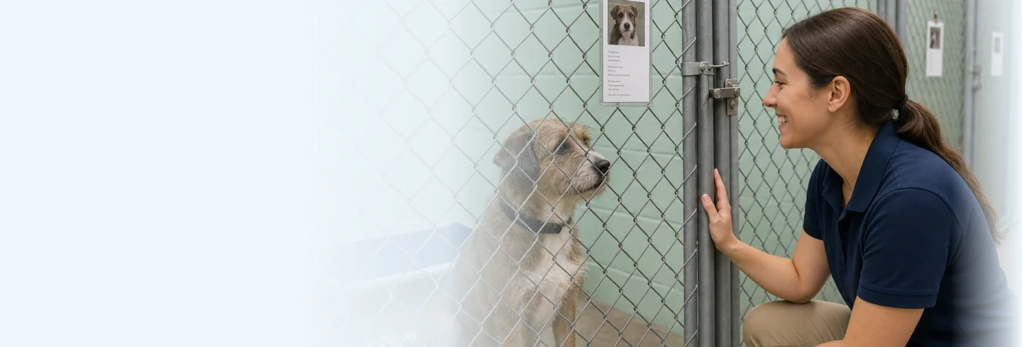 A shelter worker greeting a dog through a kennel gate