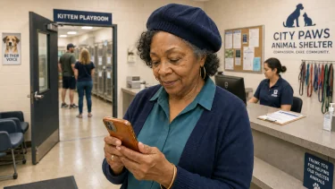 An adopter smiling at a Shelterpay checkout on her phone in a shelter lobby