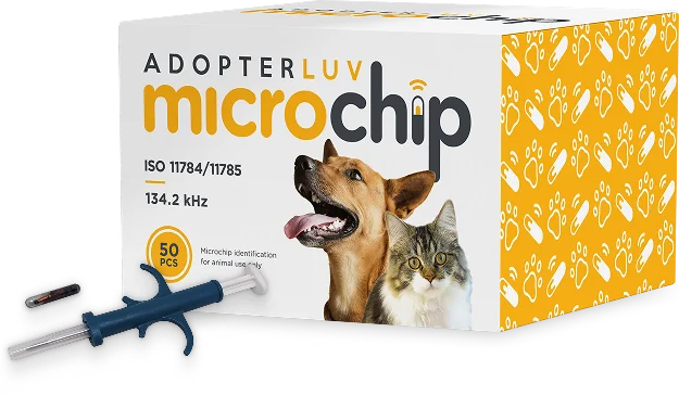 An Adopterluv microchip box shown with a microchip and easy-insert plunger