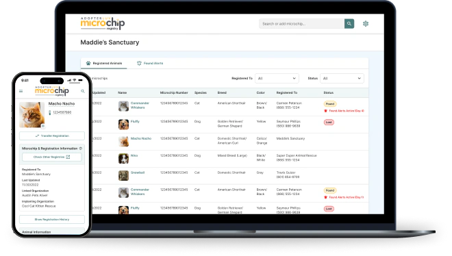 The Adopterluv Microchip Registry dashboard on a laptop and phone