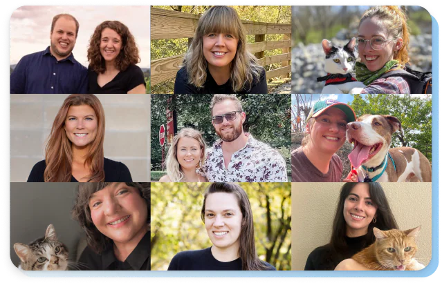 A photo collage of the Shelterluv support team, several pictured with their own pets